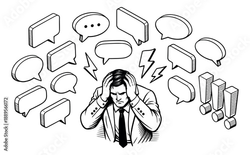 Hand drawn line art illustration of a businessman depicting stress from overwhelming speech bubbles and demands for communication concepts