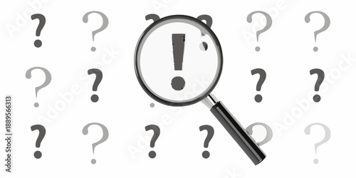 A magnifying glass focuses on an exclamation point amidst many question marks