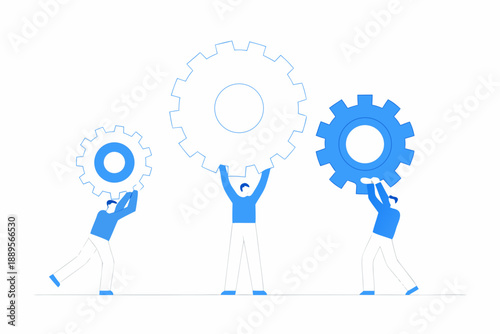 Teamwork concept with people lifting large and small gears representing collaboration