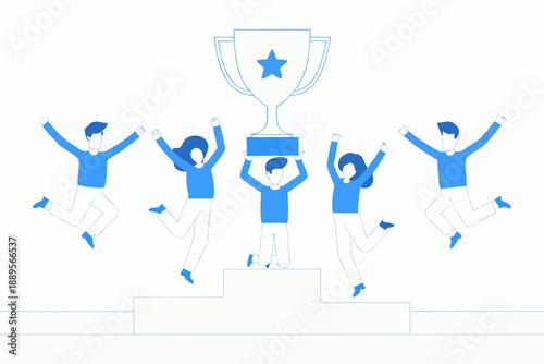 Celebrating team success people jumping with a trophy and platform