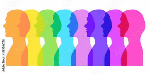 Overlapping silhouettes of human faces in rainbow gradient colors