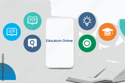 Online education concept with smartphone and learning icons in a flat design