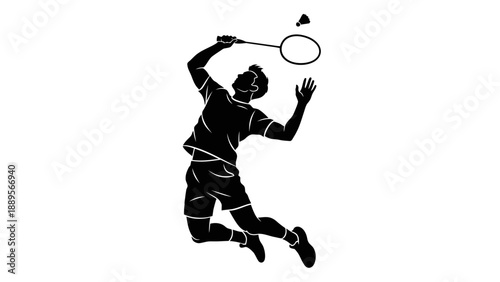 A black silhouette of a man playing badminton with a racket