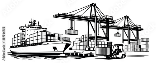 Line art illustration of a busy cargo port depicting loading and unloading operations for global shipping and logistics