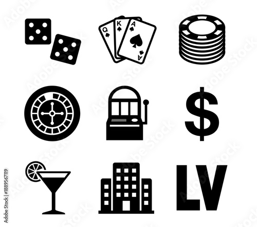 Las Vegas vector logo icon set featuring casino gambling elements like dice, poker chips, roulette wheel, slot machine, cards, and hotel building silhouette isolated on white.