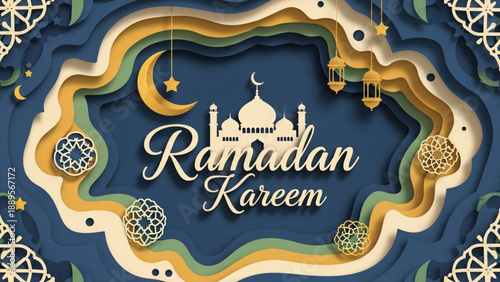 Abstract organic wave layers in blue and beige with a central mosque icon and hanging lanterns.