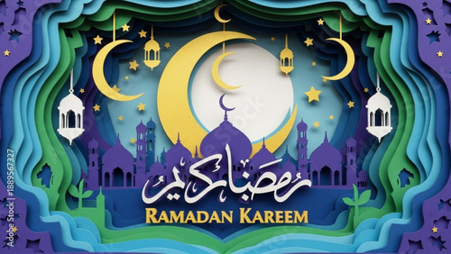 Multi-layered paper cut design in purple and teal with bold Arabic calligraphy and a glowing golden moon.