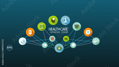 Healthcare connection concept with colorful circular icons and network lines