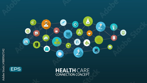 Colorful network of icons representing healthcare connections and modern technology