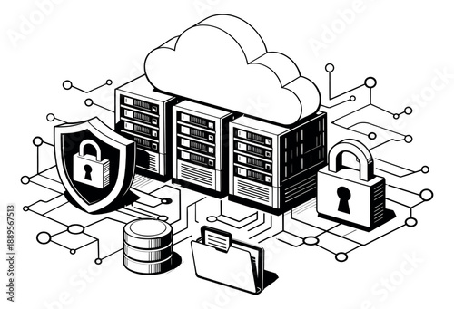 Isometric line art illustration of cloud computing and network security depicting protected data servers and digital infrastructure for information technology management