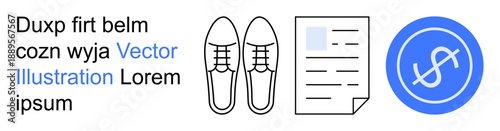 E-commerce, business transactions, finance, online sales, shopping, economics. Shoes, document and dollar symbol in visual arrangement. E-commerce and business transactions concept