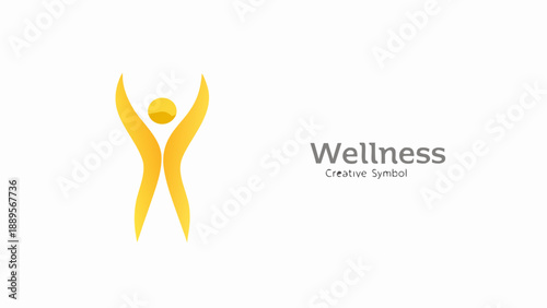 Yellow wellness symbol depicting a person with raised arms and text