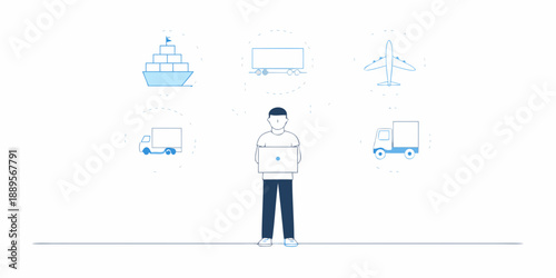 Logistics and transportation icons surround a person using a laptop