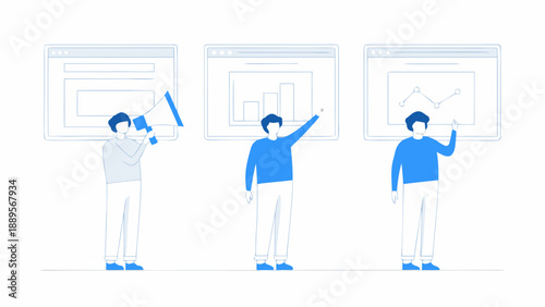 Illustrative scene depicting a presentation with data analysis and communication