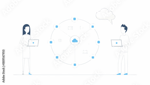 Illustration depicting network connectivity and cloud computing between two people