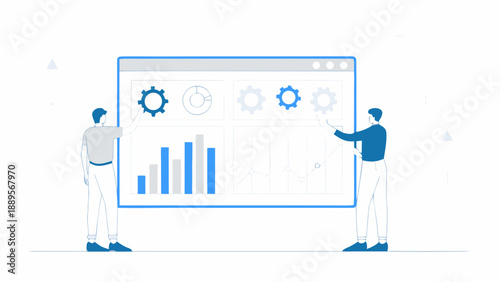 Two people collaborating on data analysis and system settings displayed on a screen