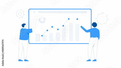 Two people analyzing data presented on a large display screen