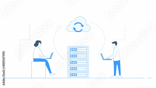 Data synchronization between users and server illustrated with a blue outline style