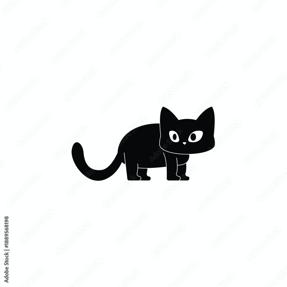 Fototapeta premium Simple flat vector of a cute black cat standing, minimalist kitten character illustration isolated on white background, perfect for logos, icons, and pet shop marketing