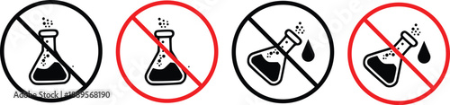 No Chemical Symbol Icon Set, Prohibition Laboratory Flask Sign, Hazard Warning Chemistry Vector Illustration Isolated on White Background