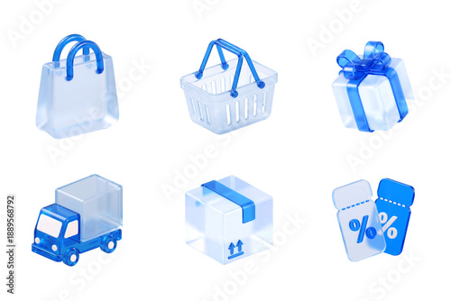 Cuadro en lienzo 3D Blue Glass Shopping and Delivery Icon Set (E-commerce)