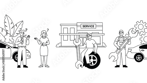 A cartoon illustration of people working and waiting at a car service station