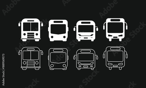 Front view bus icon set with solid and outline styles. Vector illustration of public transport symbols isolated on black background