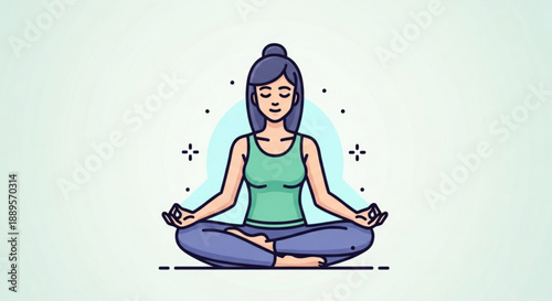 Woman meditating in lotus position with eyes closed and hands open surrounded by sparks and a glowing aura exuding calmness and serenity in a peaceful environment