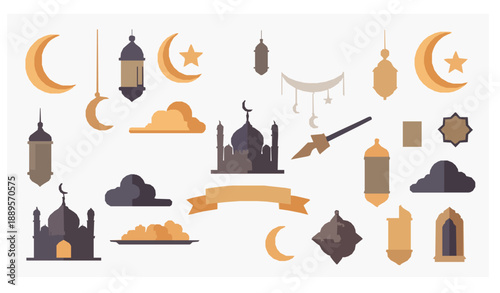 Elegant Ramadan Mubarak decorative element collection in flat vector illustration style