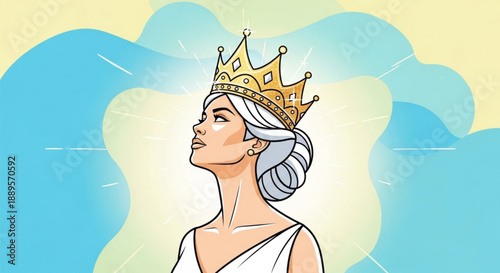 Woman wearing a golden crown looking up with a serene expression against a cloudy sky background