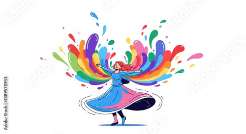 Joyful woman dancing with colorful splashes of paint representing creativity and freedom perfect for art and celebration themes