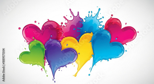 Colorful heart shapes with paint splashes vibrant abstract design for love and celebration isolated on white background
