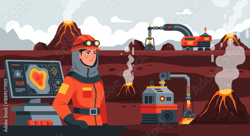 Industrial worker in orange suit operating machine near volcano