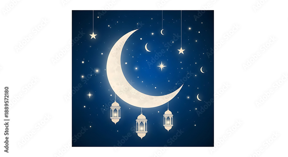 Naklejka premium Crescent moon and hanging lanterns under starry night sky isolated on transparent background