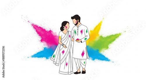 Couple celebrating Holi festival with colorful powder traditional Indian attire vector illustration for festive design
