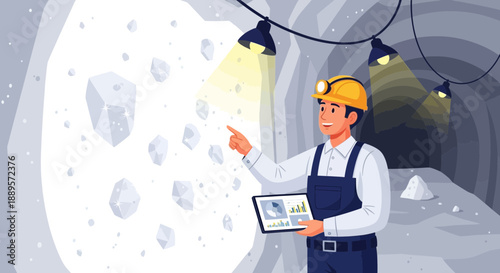 miner holding tablet in mine tunnel with gemstones