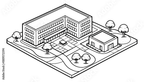 Isometric line art illustration of a building complex depicting an urban landscape for city planning