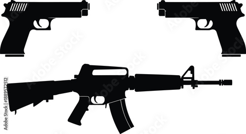Silhouette comparison of handgun and rifle shapes, firearm type and structure theme illustration, transparent background graphic