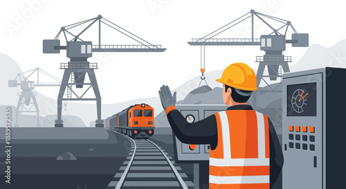 Railway worker controlling train traffic with signal