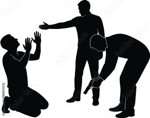 Silhouette of three figures in confrontation, dramatic conflict and emotional tension theme illustration, transparent background graphic