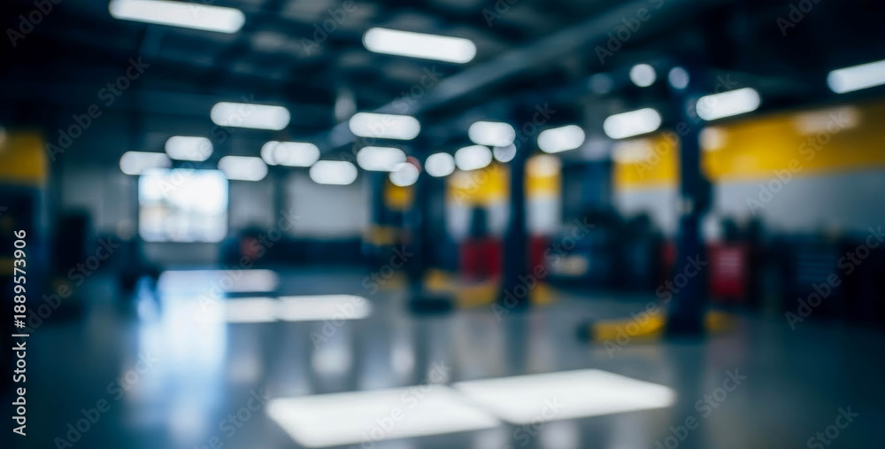 Obraz premium Blurry interior of a dark industrial garage with bright overhead lights creating dramatic contrast, industrial mood, spacious depth, soft blur textures, and modern workshop atmosphere.