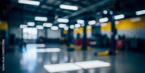 Wallpaper Mural Blurry interior of a dark industrial garage with bright overhead lights creating dramatic contrast, industrial mood, spacious depth, soft blur textures, and modern workshop atmosphere. Torontodigital.ca