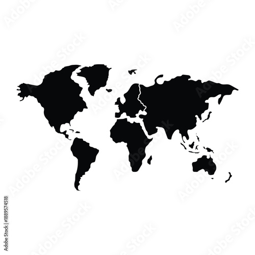 Black silhouette of a world map showing all major continents on a white background, representing global connections and geography.