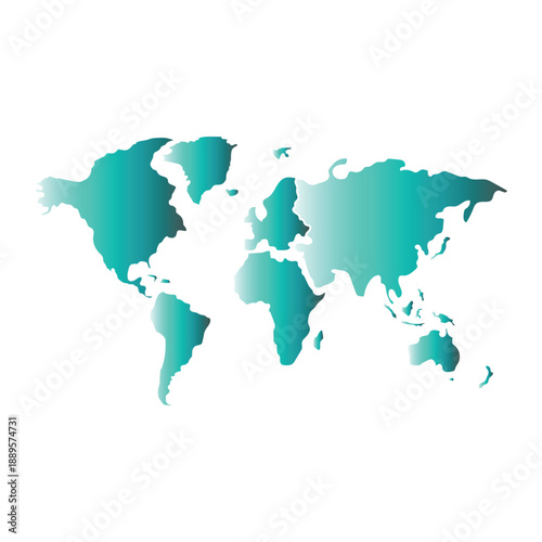 Stylized world map illustration with a vibrant teal and turquoise gradient, depicting all major continents on a white background.
