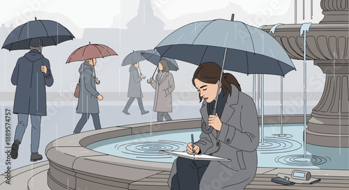 Woman sketching in rain with umbrella, people walking