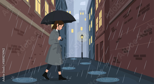 Lonely woman walking in the rain with umbrella on city street