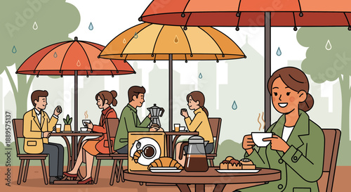 People enjoying coffee and pastries on a rainy day