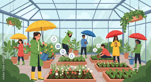 People gardening in a greenhouse on a rainy day