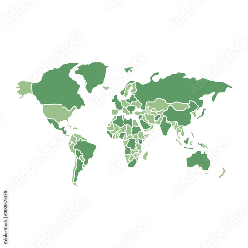 A simplified world map showing all continents and countries in various shades of green, representing global data or environmental impact.