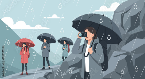 People on rocky mountain trail taking photos on rainy day